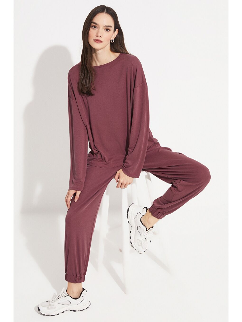 Pembe Kadın Modal Karışımlı Dökümlü Bluz Eşofman Altı Takım-1