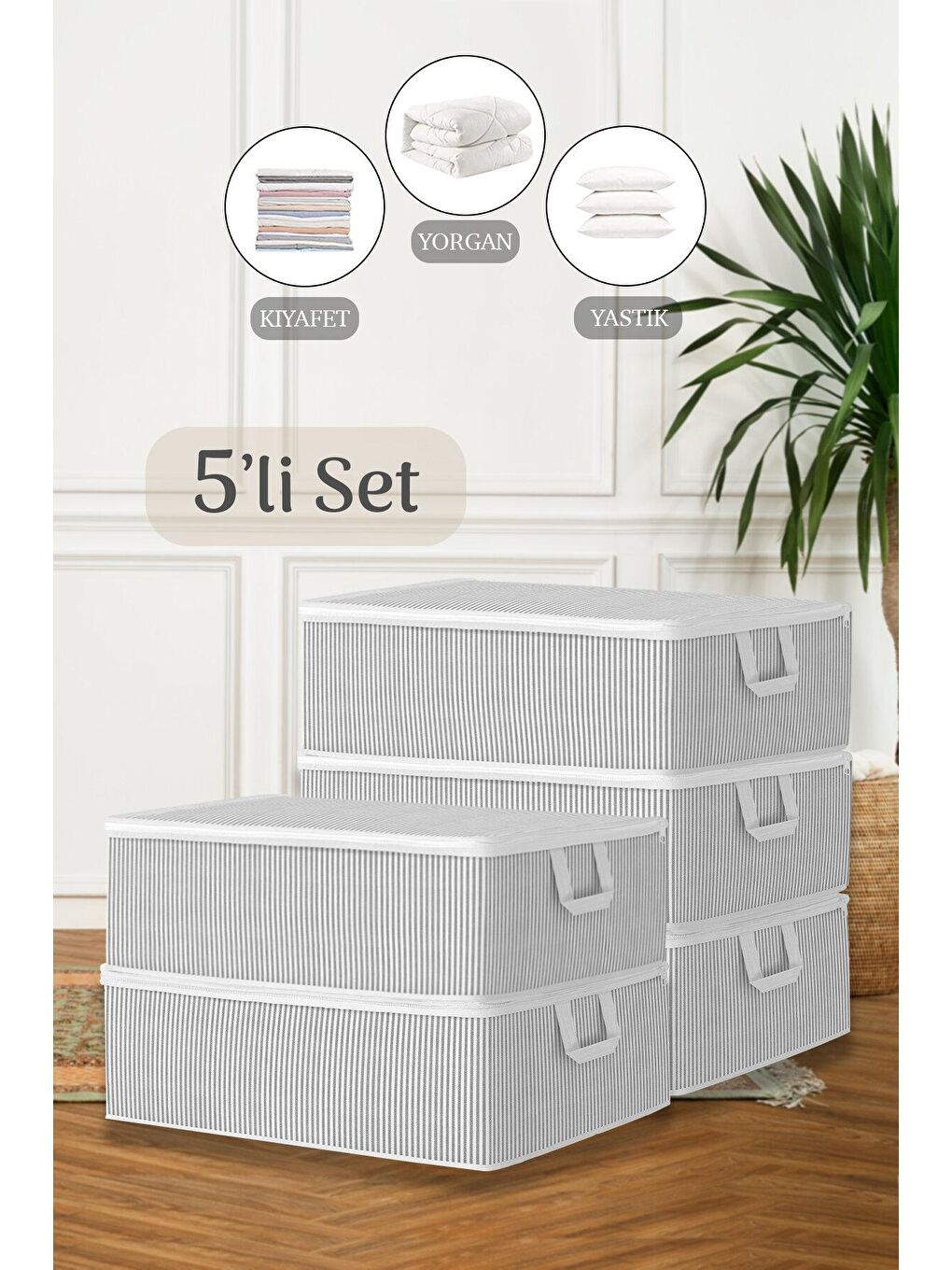 Gri 5'li Çekyat Baza Tipi Yastık Kıyafet Saklama Hurcu 50 x 30 x 22 cm