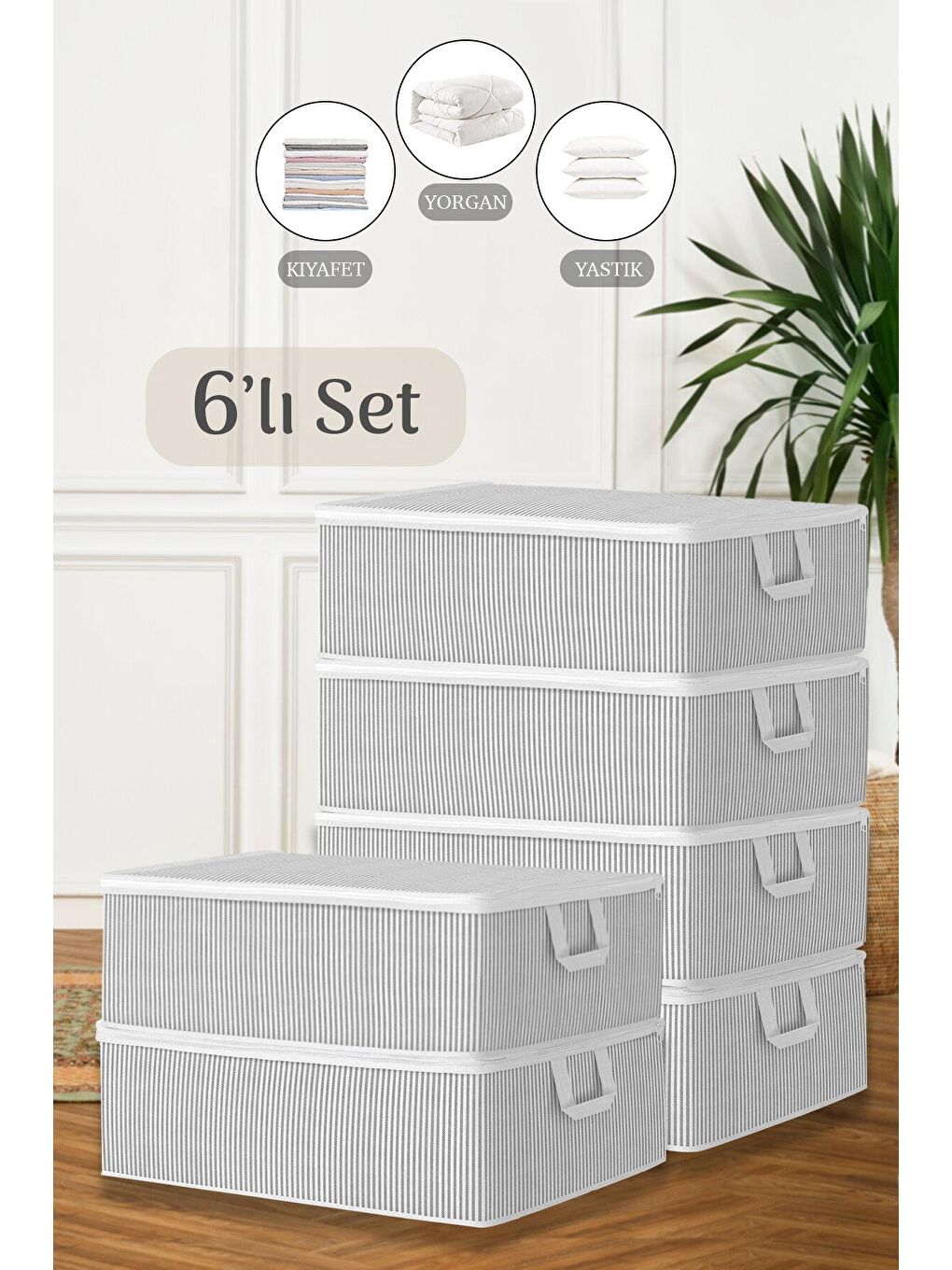 Gri 6'lı Çekyat Baza Tipi Yastık Kıyafet Saklama Hurcu 50 x 30 x 22 cm