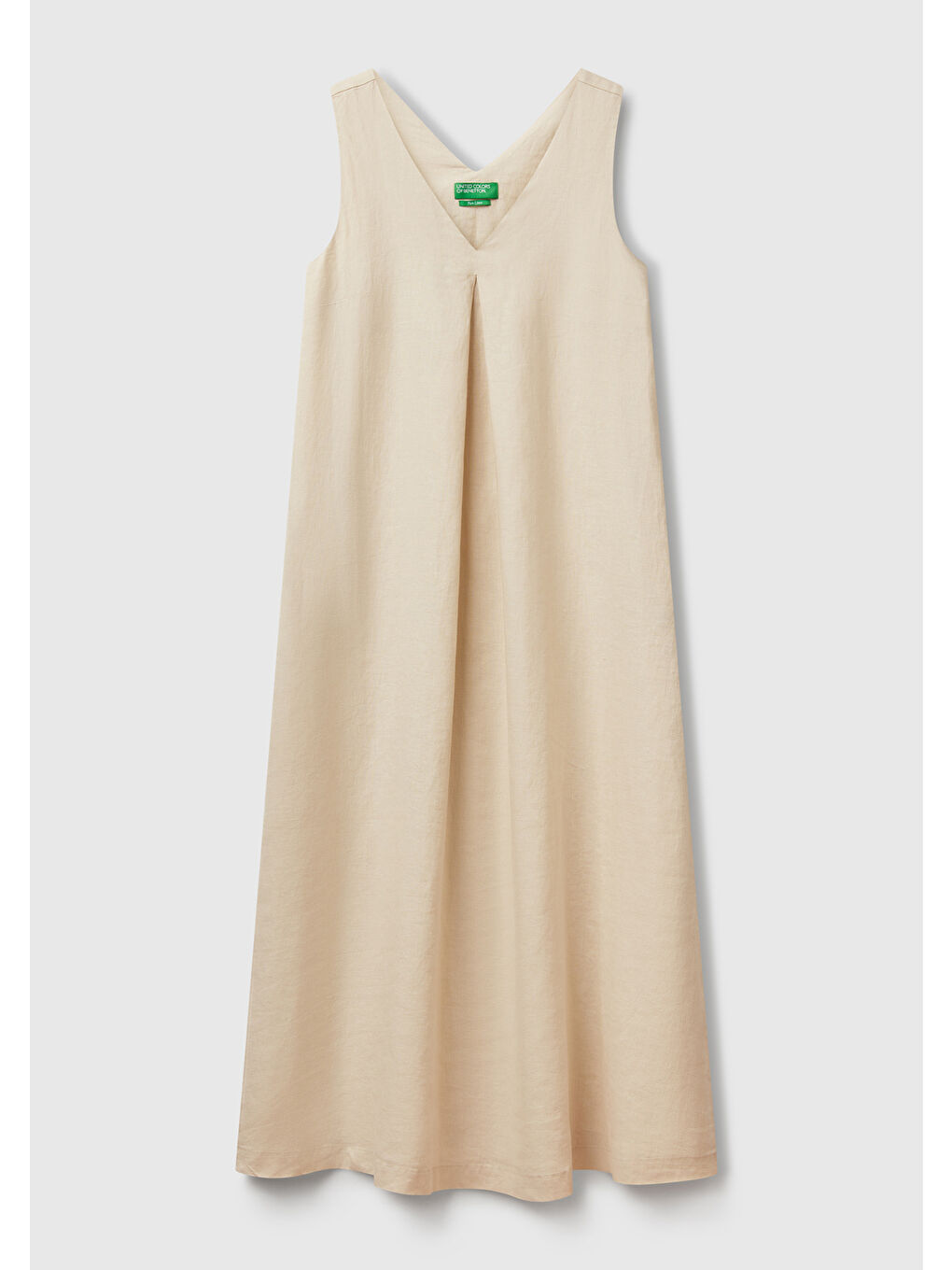 Kadın Bej %100 Keten V Yaka Kolsuz A Kesim Midi Elbise-1