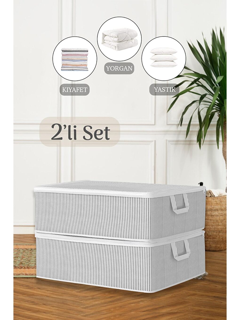 Gri 2'li Çekyat Baza Tipi Yastık Kıyafet Saklama Hurcu 50 x 30 x 22 cm