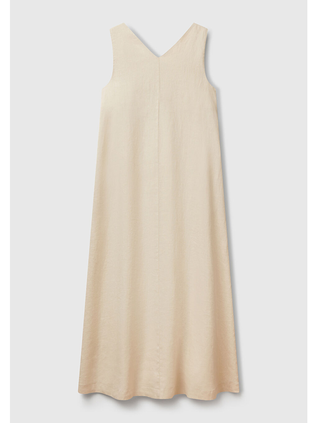 Kadın Bej %100 Keten V Yaka Kolsuz A Kesim Midi Elbise-3