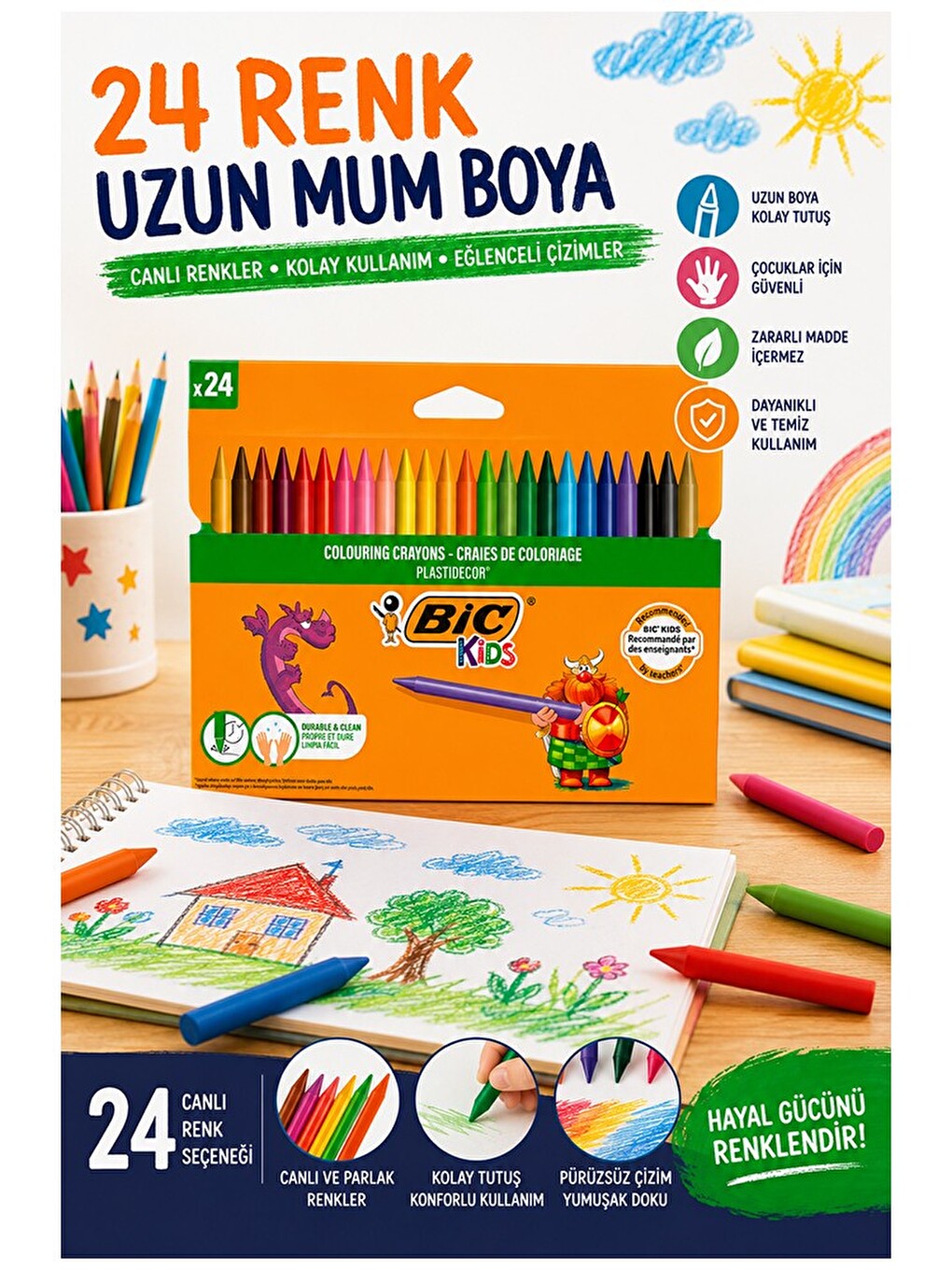 Mum Boya 24 Lü 1 Paket Bic 24 Renk Mumboya Elleri Kirletmeyen Yıkanabilir Silinebilir Plastidecor