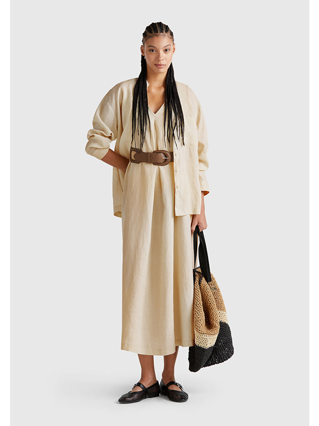 Kadın Bej %100 Keten V Yaka Kolsuz A Kesim Midi Elbise-4