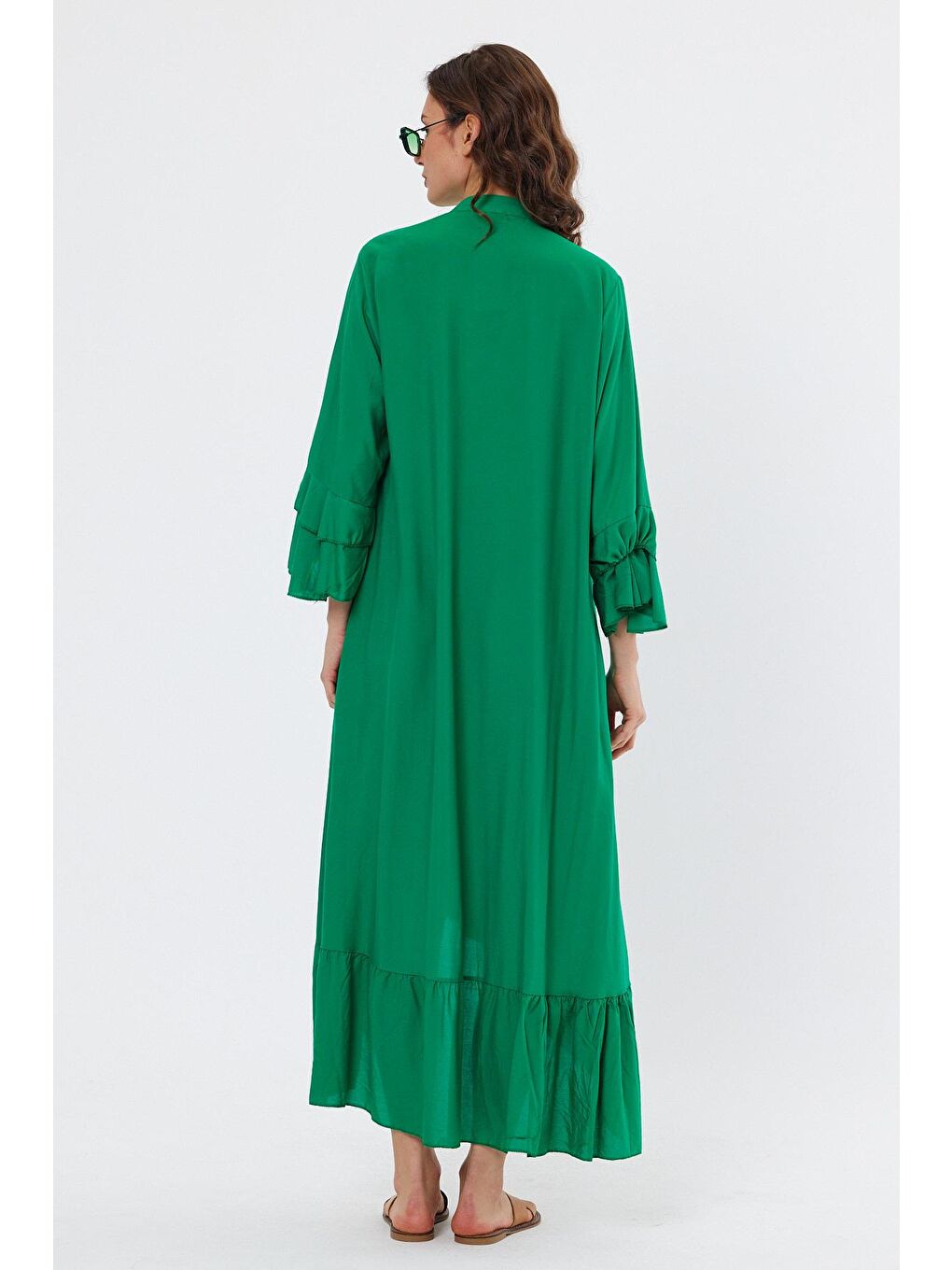 Yeşil Kadın Önü Düğmeli Nakışlı Elbise-4