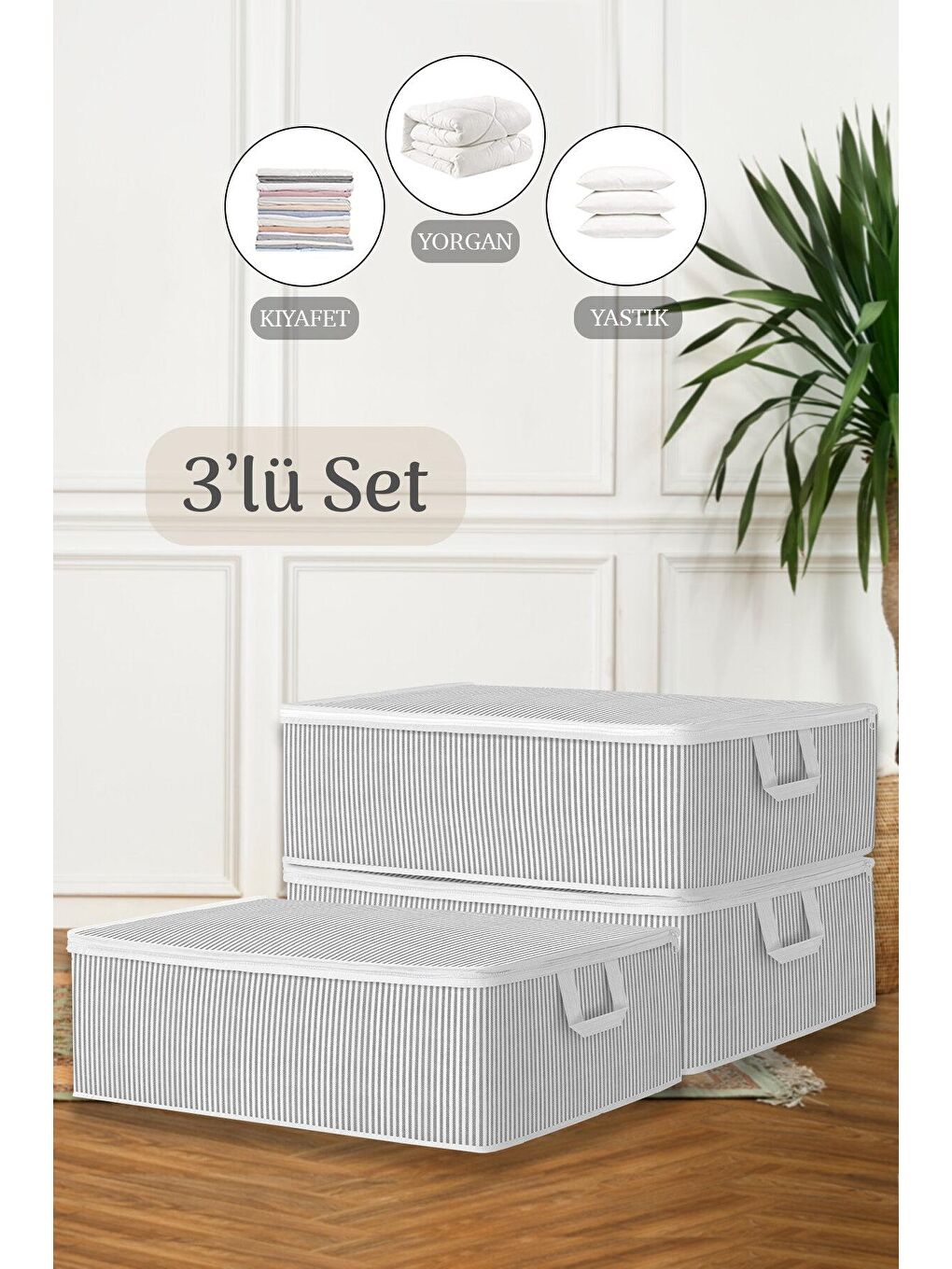 Gri 3'lü Çekyat Baza Tipi Yastık Kıyafet Saklama Hurcu 50 x 30 x 22 cm