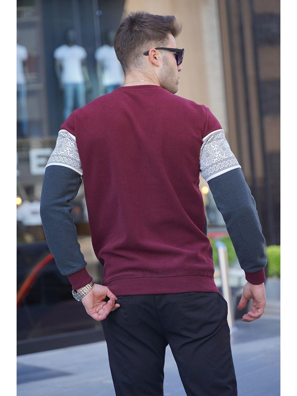 Bordo Jakar Desenli Bisiklet Yaka Triko Kazak 5966-1