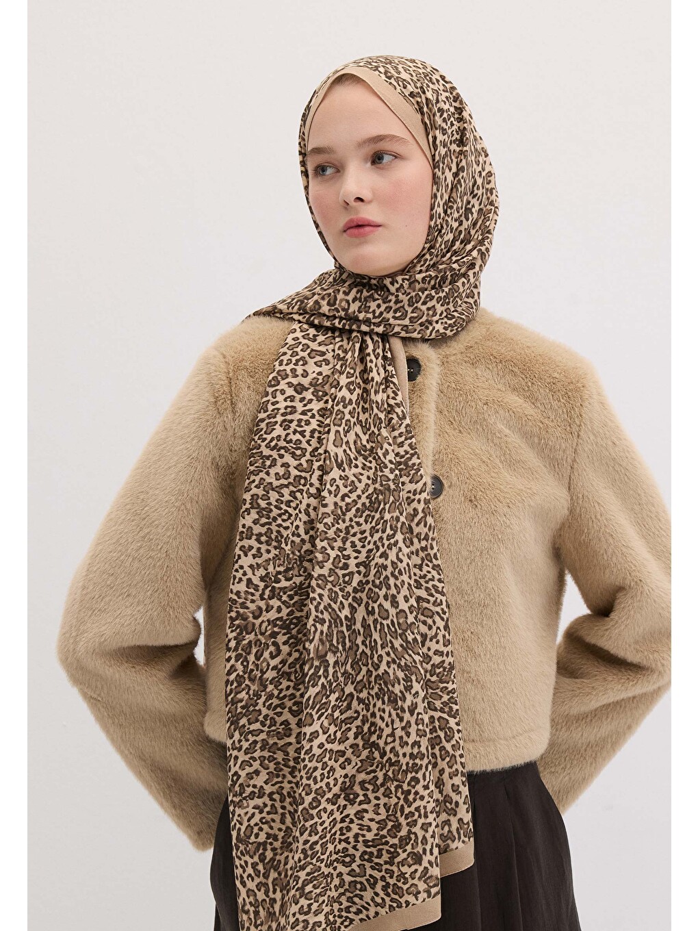 Bej Tıny Leopar Desen Şal Kum-1