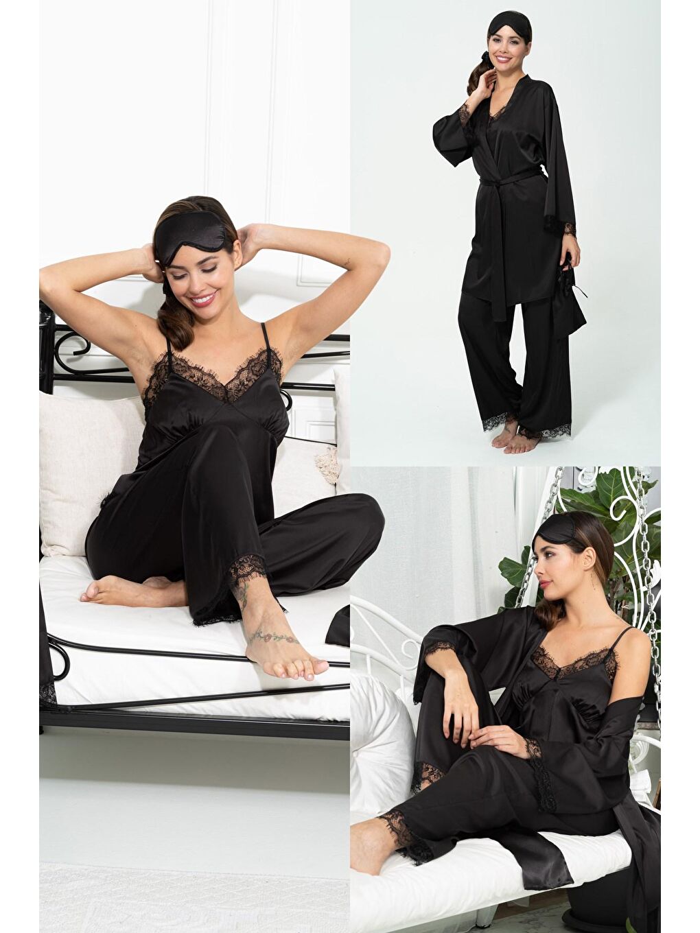 6'lı Dantelli Sabahlık Atlet Pantolon Siyah Pijama Takım