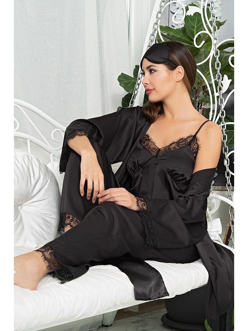 6'lı Dantelli Sabahlık Atlet Pantolon Siyah Pijama Takım-2