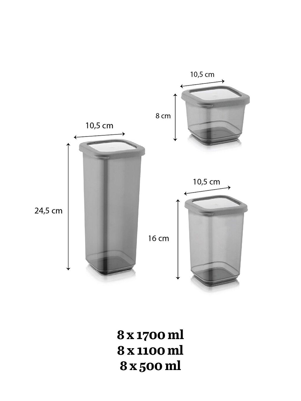 Meleni Home Antrasit 24'lü Silikon Kapaklı Kare Erzak Saklama Kabı Seti 8x(0,5 Lt-1,1 Lt-1,7 Lt) Baharatlık Seti Antrasit - 2