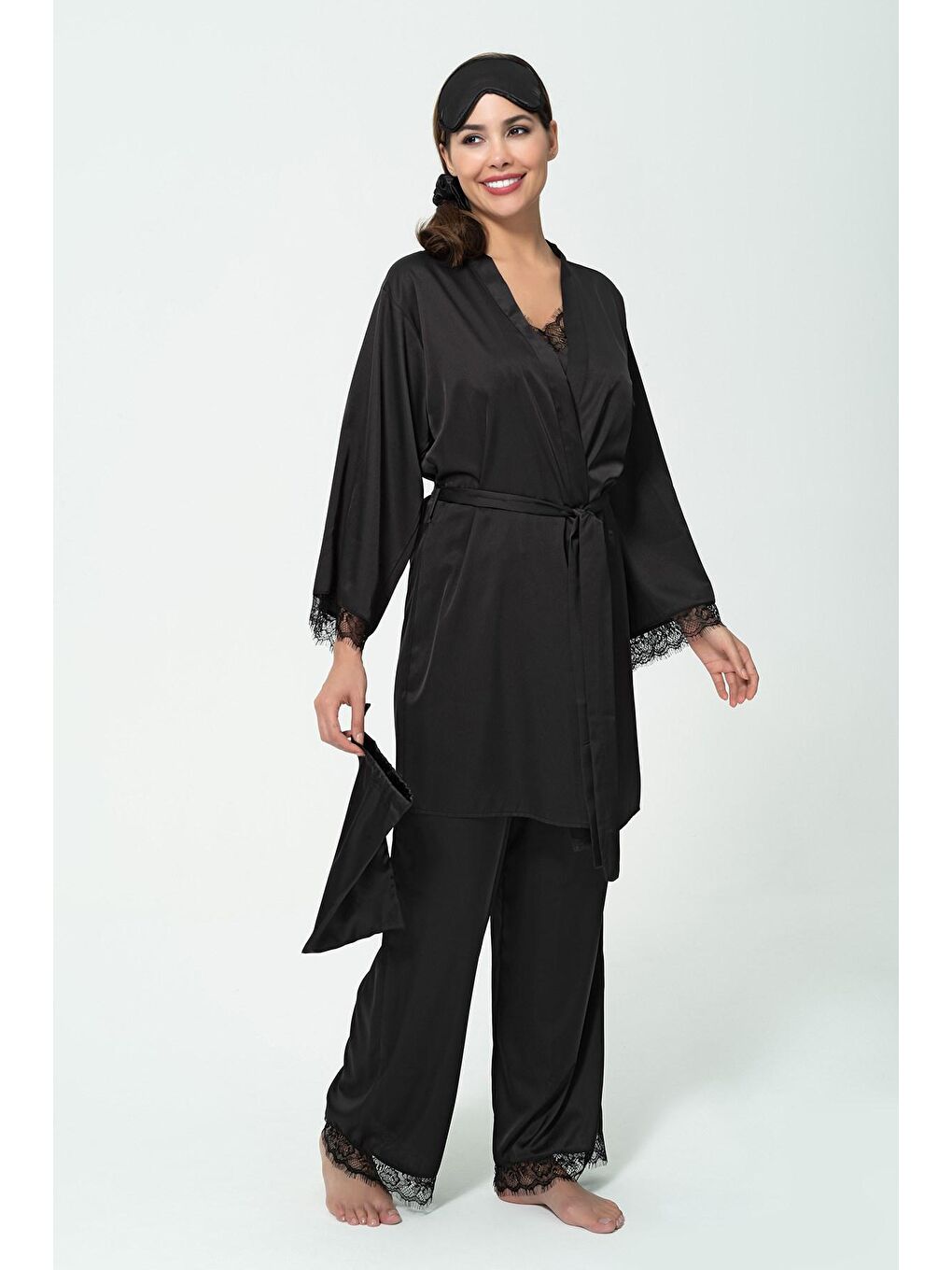 6'lı Dantelli Sabahlık Atlet Pantolon Siyah Pijama Takım-3