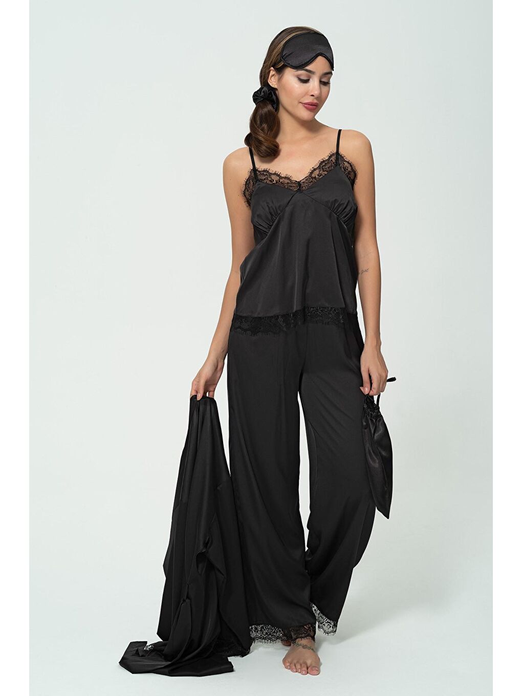 6'lı Dantelli Sabahlık Atlet Pantolon Siyah Pijama Takım-4