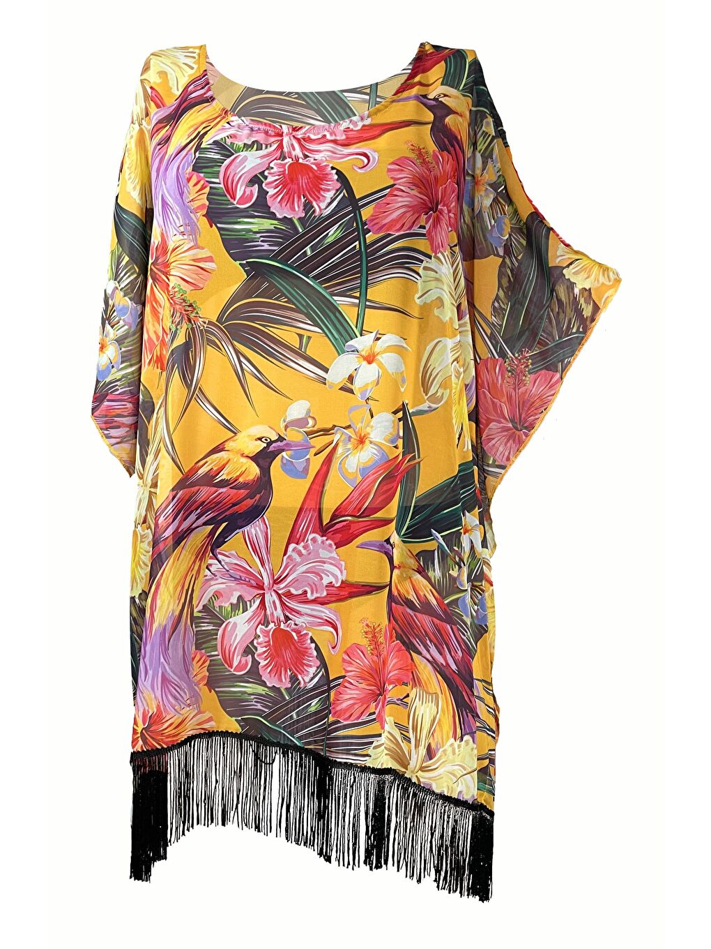 Simone Sarı Tropical Desen Püsküllü Plaj Elbisesi-1