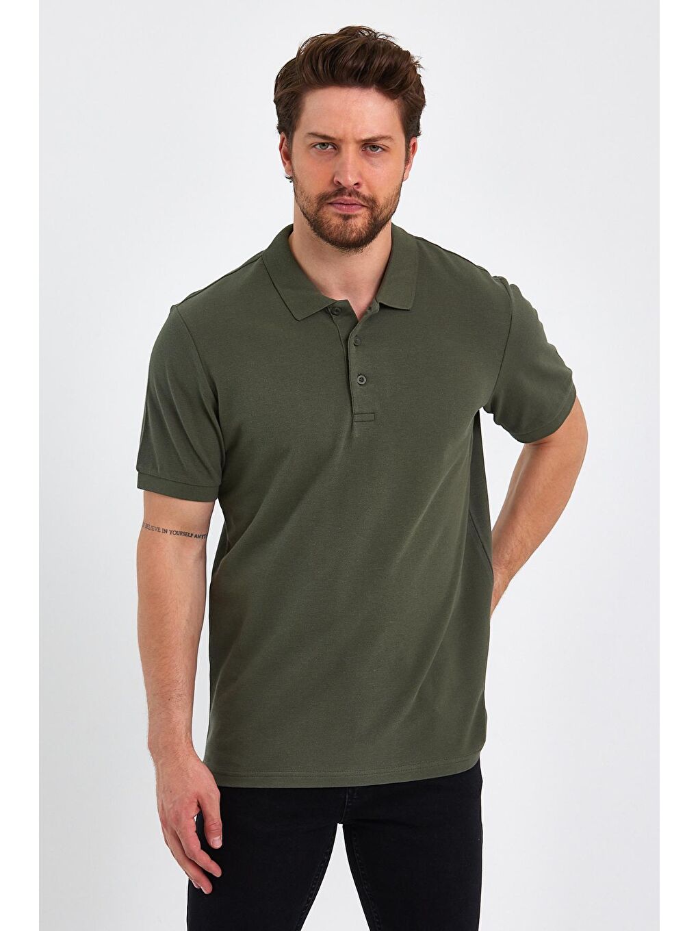 Haki Büyük Beden Polo Yaka Erkek Tişört-3