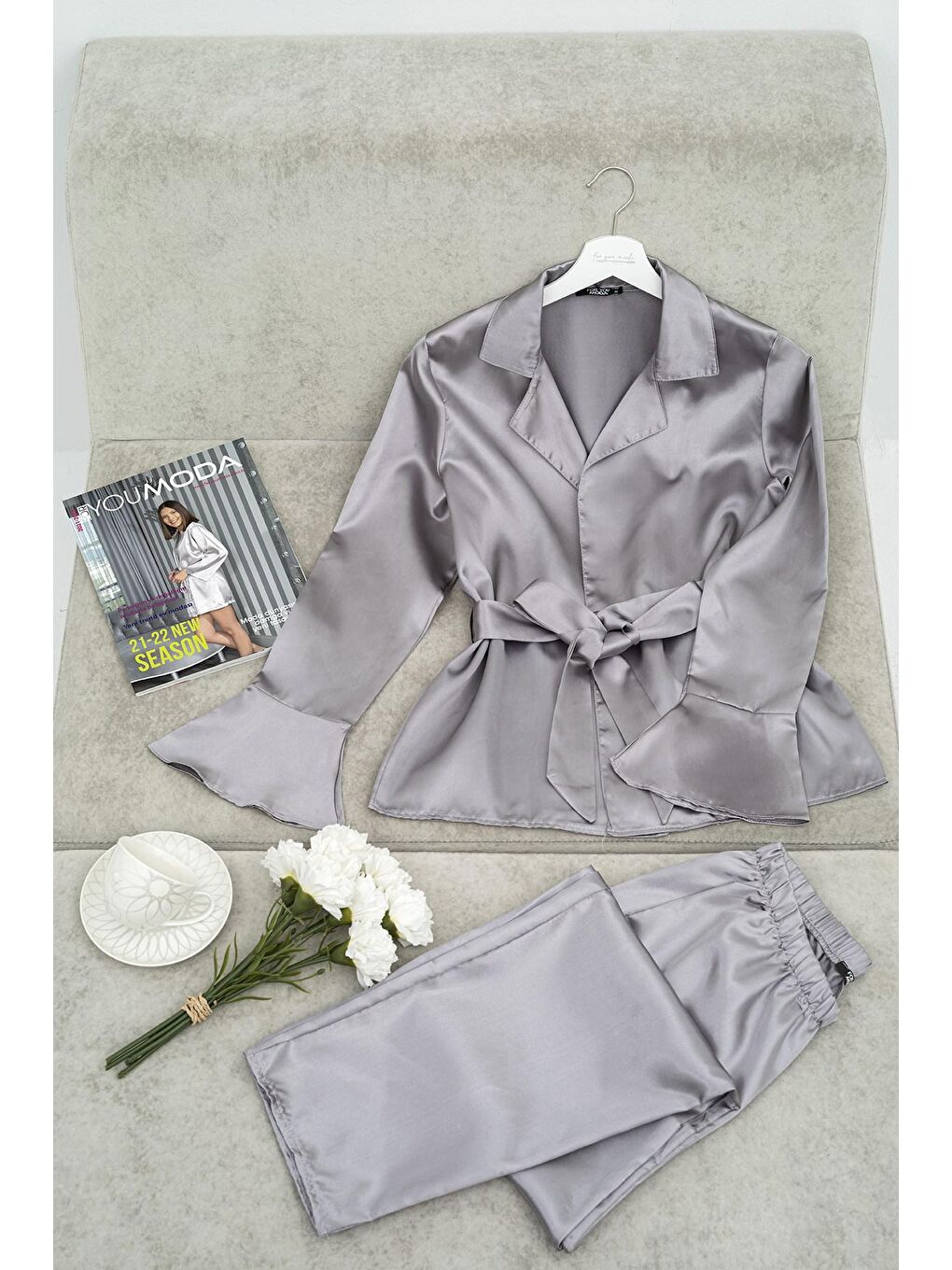 2 li Saten Kemerli Gri Pijama Takımı