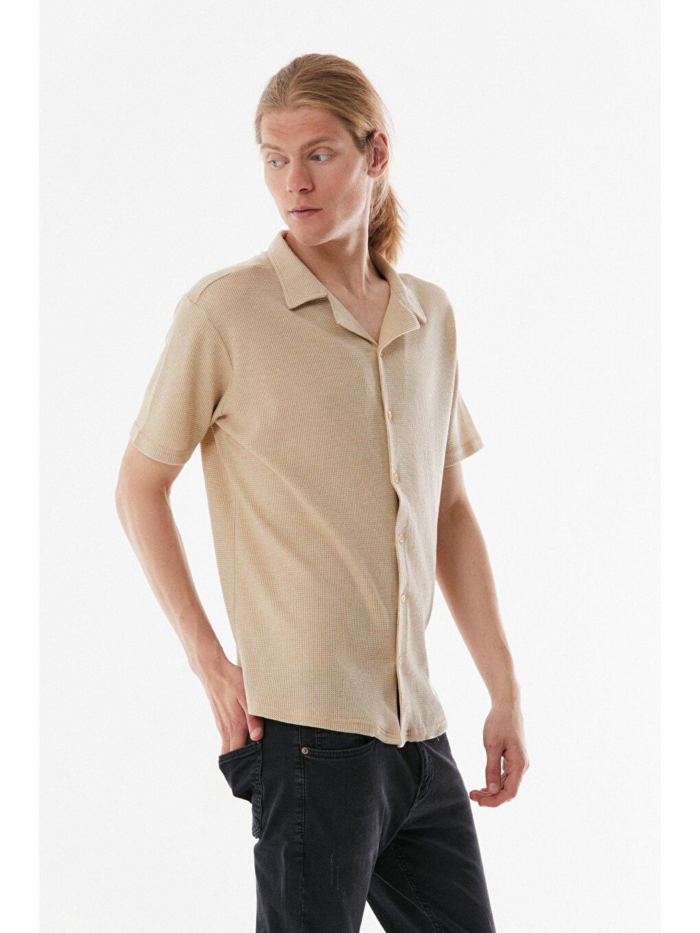 Bej Desenli Kısa Kollu Gömlek-2