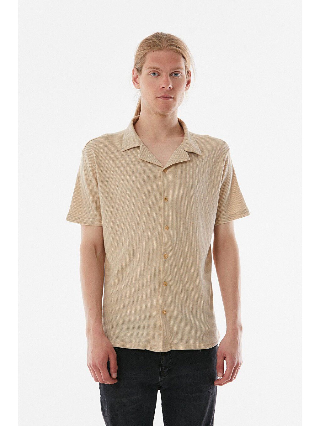 Bej Desenli Kısa Kollu Gömlek-4