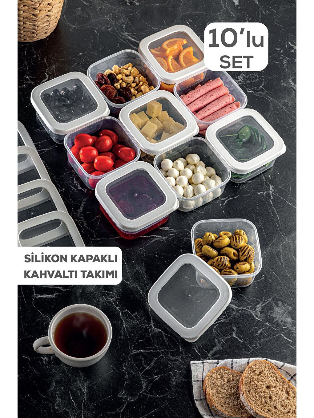10'lu Kahvaltı Seti - Silikon Kapaklı Kare Kahvaltılık Saklama Kabı Beyaz