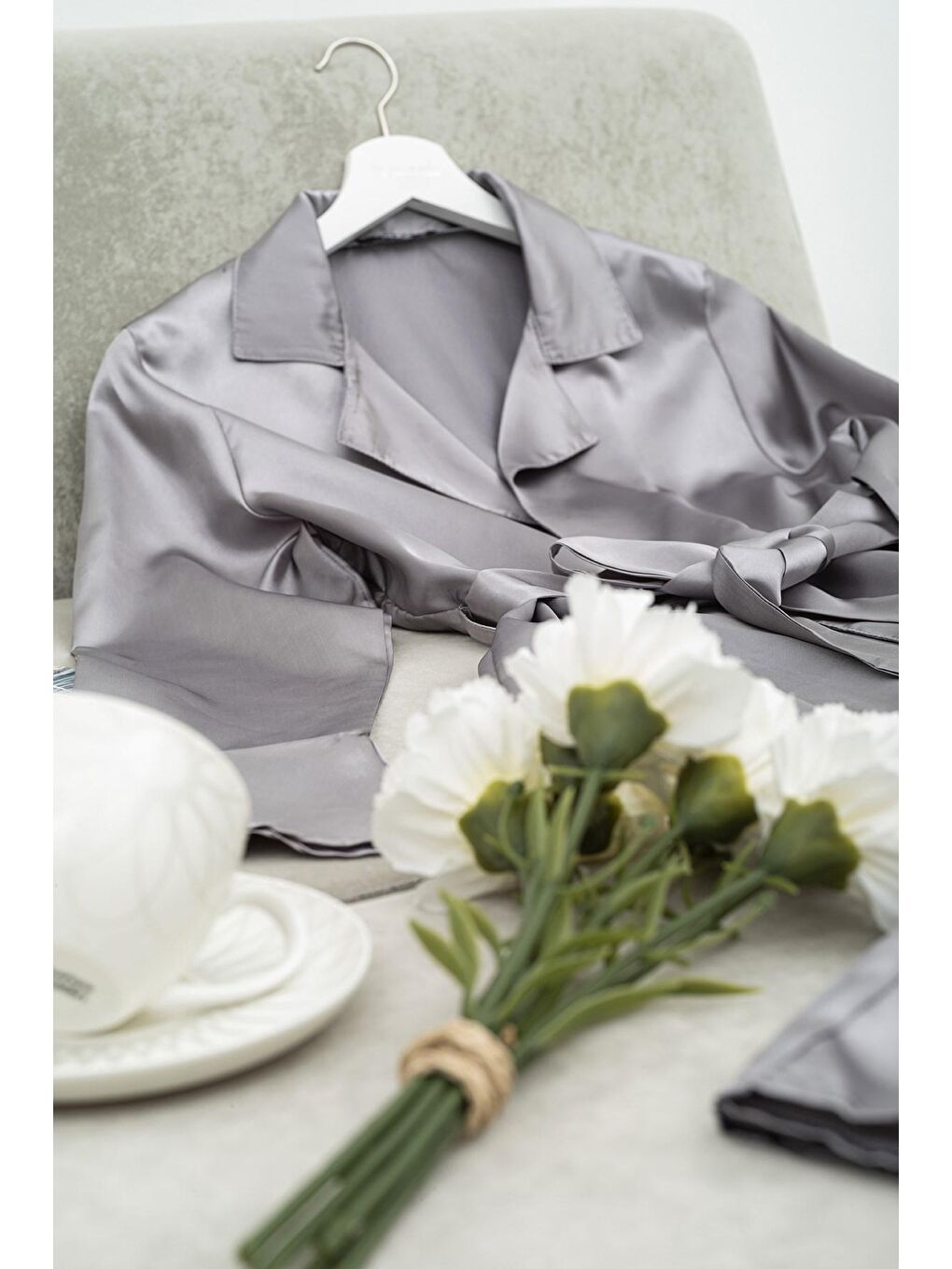 2 li Saten Kemerli Gri Pijama Takımı-4