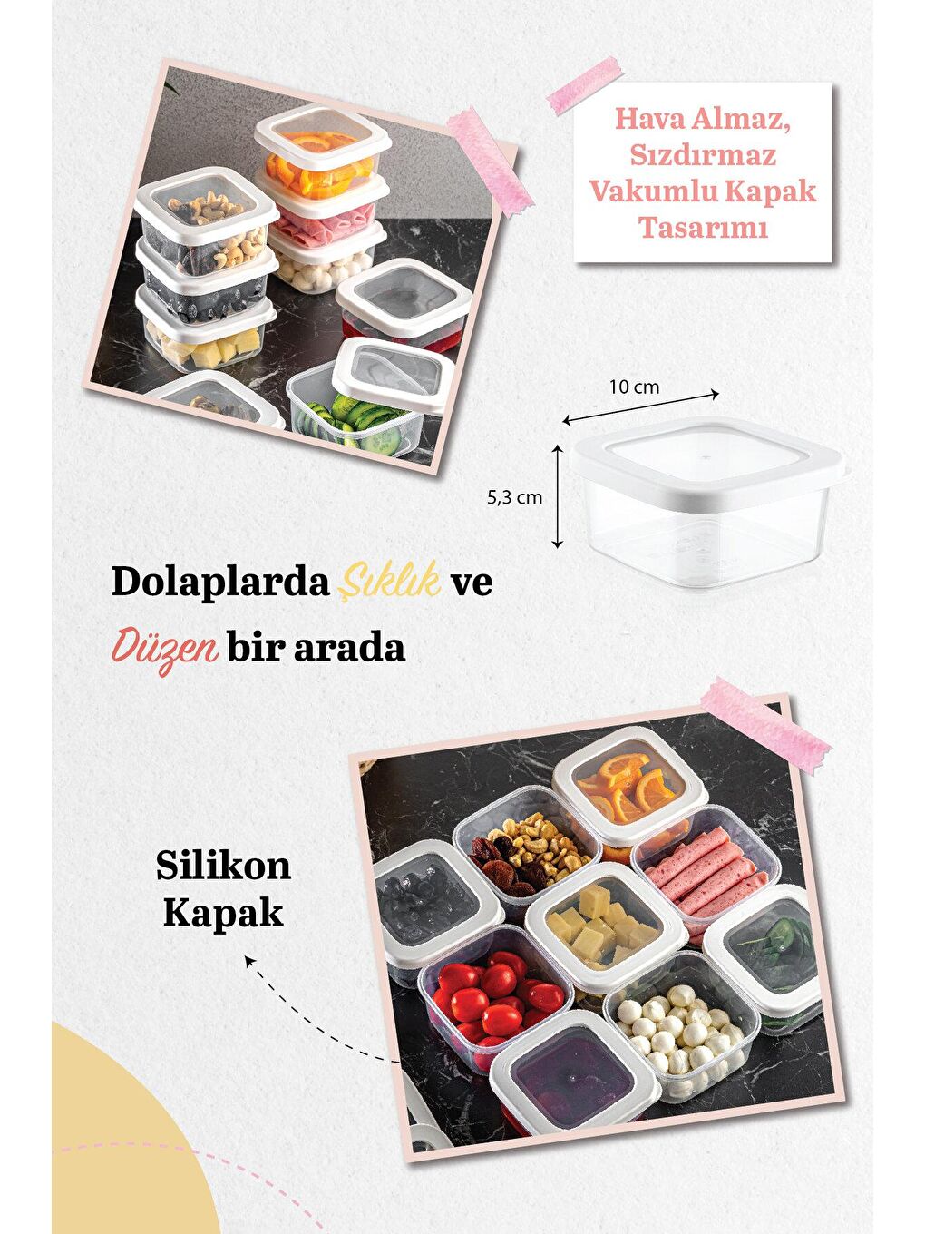 10'lu Kahvaltı Seti - Silikon Kapaklı Kare Kahvaltılık Saklama Kabı Beyaz-1