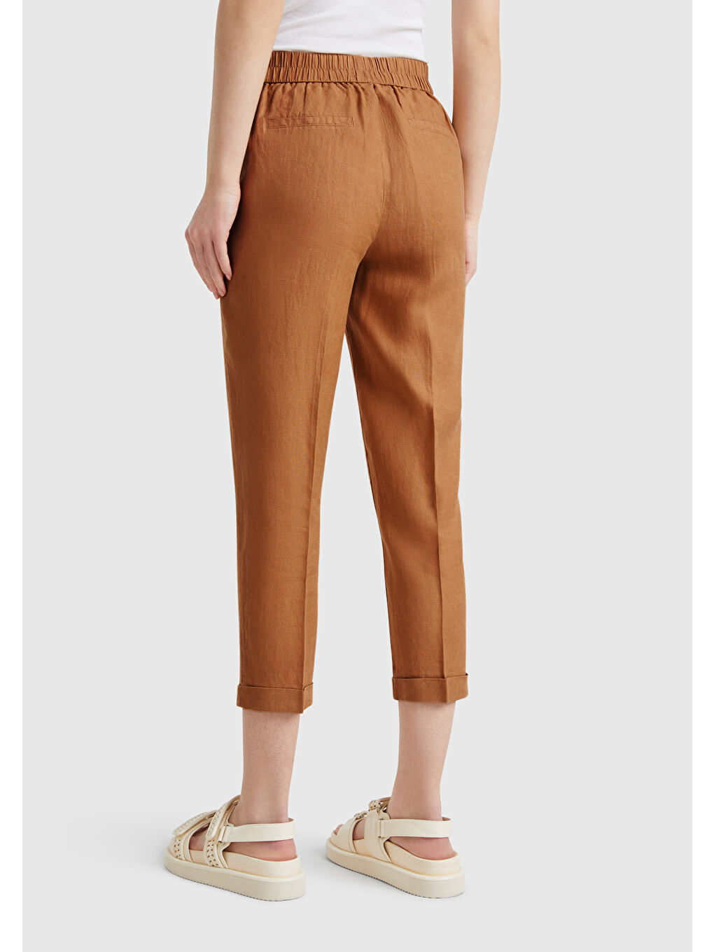 Kahverengi Kadın Taba %100 Keten Beli Lastikli Pantolon-1