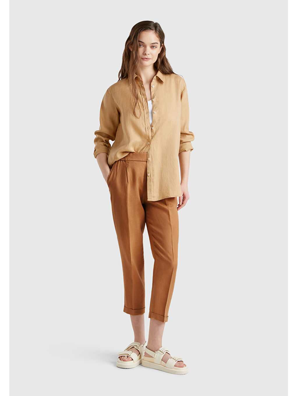 Kahverengi Kadın Taba %100 Keten Beli Lastikli Pantolon-2