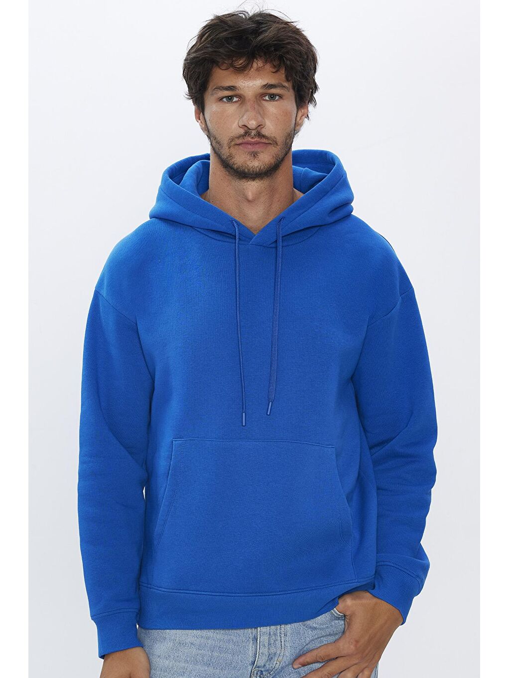 TUDORS Saks Oversize Pamuk Kapüşonlu Basıc Unisex Saks Mavi Hoodie - 1