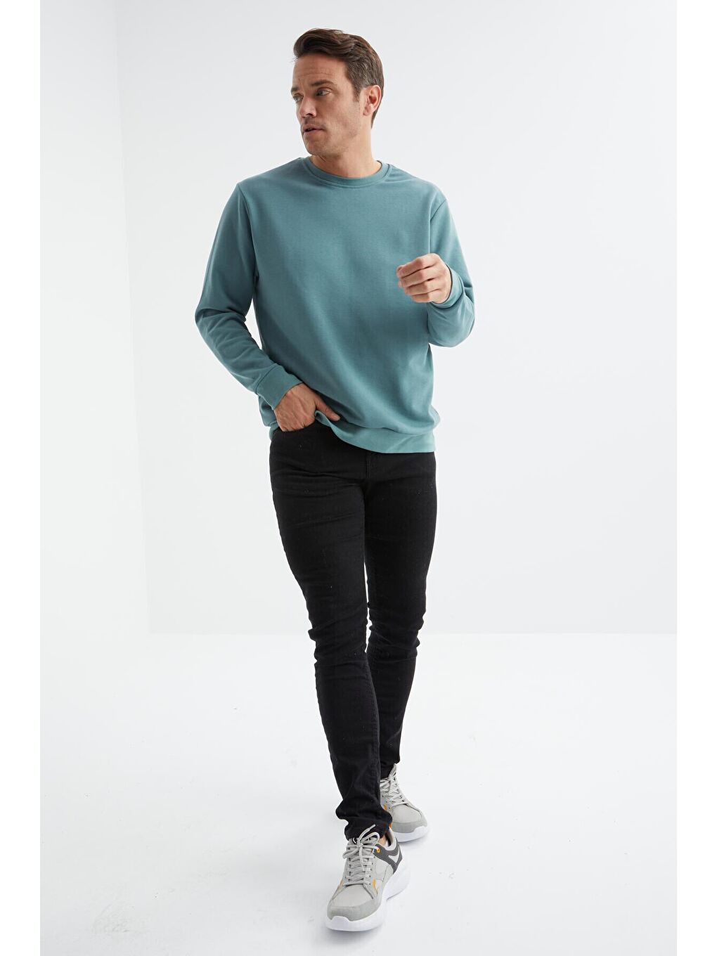 TOMMYLIFE Mint Yeşili Basic Bisiklet Yaka Rahat Form Erkek Sweatshirt - 88053 - 1