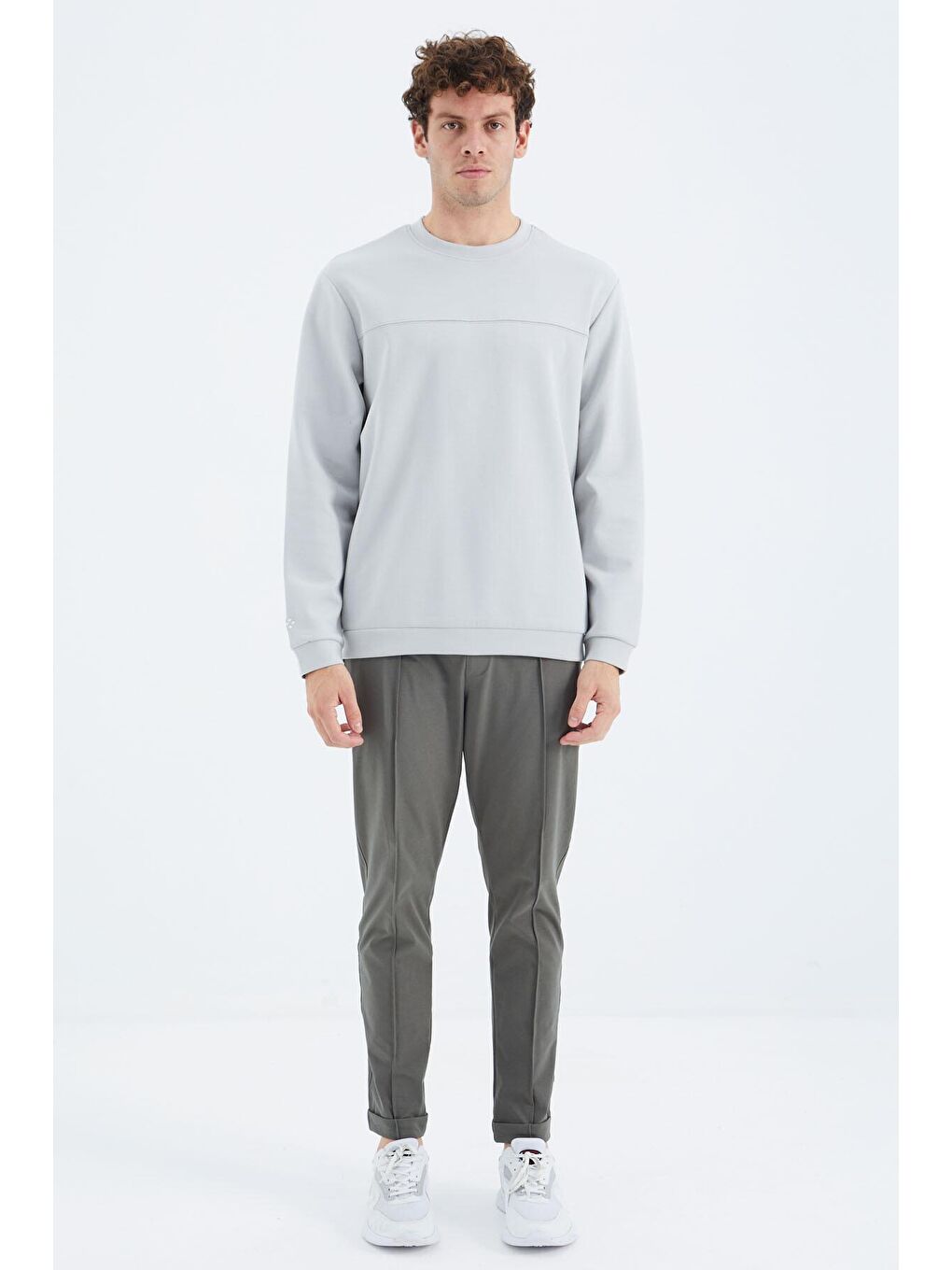 Bej Taş Bisiklet Yaka Ön Dikiş Detaylı Basic Rahat Kalıp Erkek Sweatshirt - 88270-2