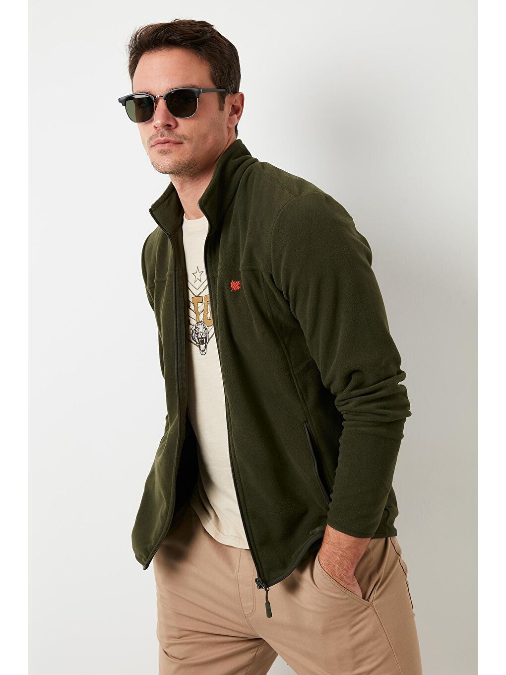 Haki Dik Yaka Cepli  Kışlık Şardonlu Polar Erkek Fermuarlı Sweatshirt Hırka 5906004