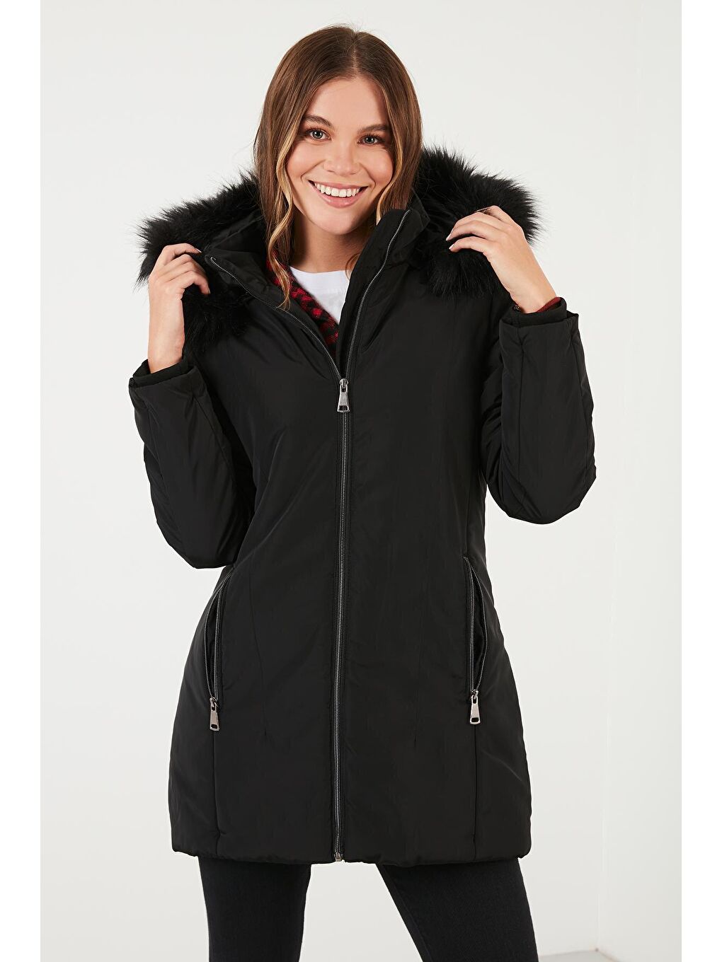 Siyah Slim Fit Suni Tüylü Çıkarılabilir Kapüşonlu Kaban 497DEFNE21