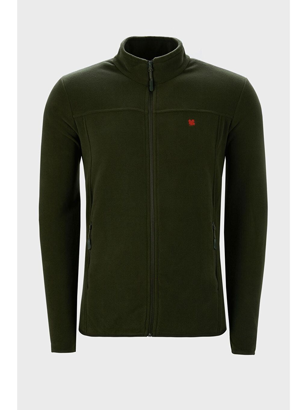 Haki Dik Yaka Cepli  Kışlık Şardonlu Polar Erkek Fermuarlı Sweatshirt Hırka 5906004-1