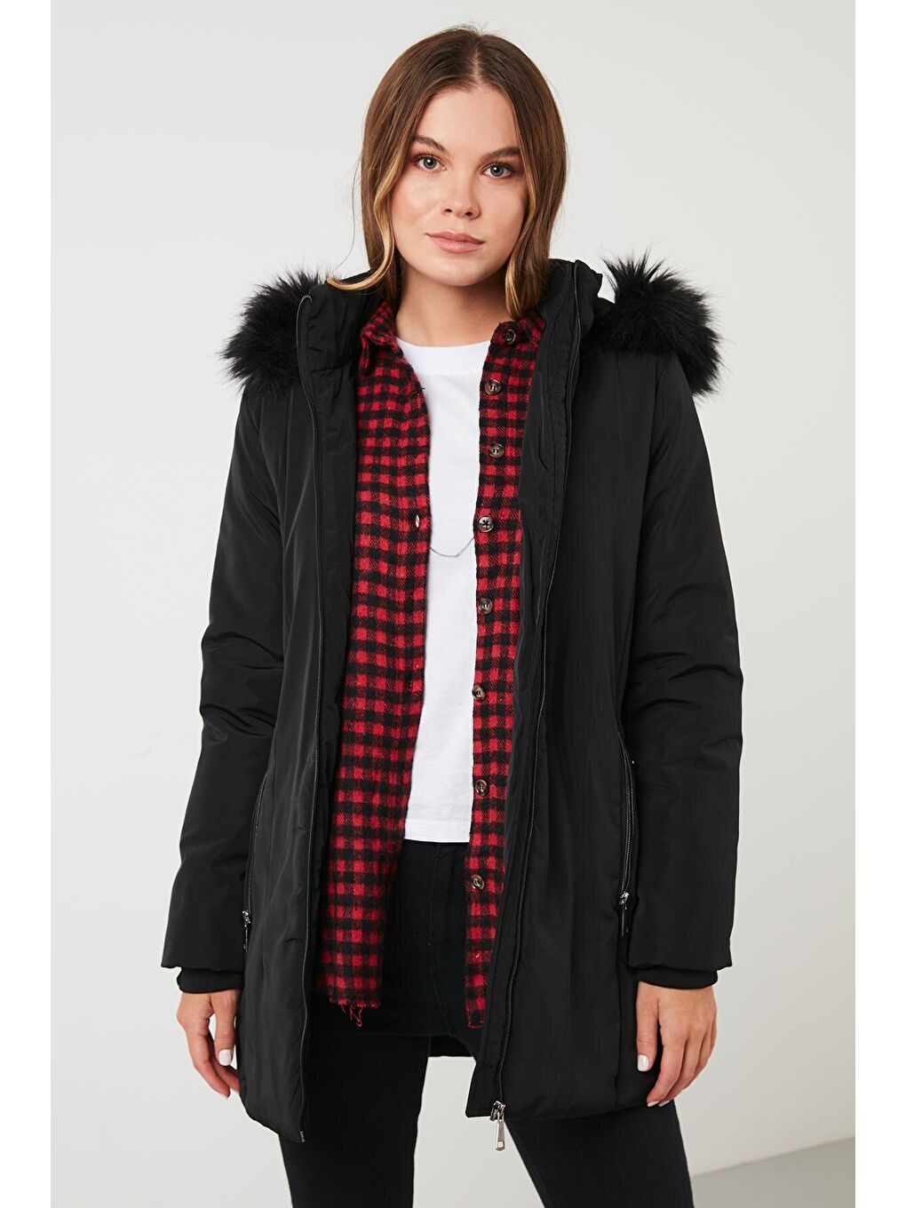 Siyah Slim Fit Suni Tüylü Çıkarılabilir Kapüşonlu Kaban 497DEFNE21-1