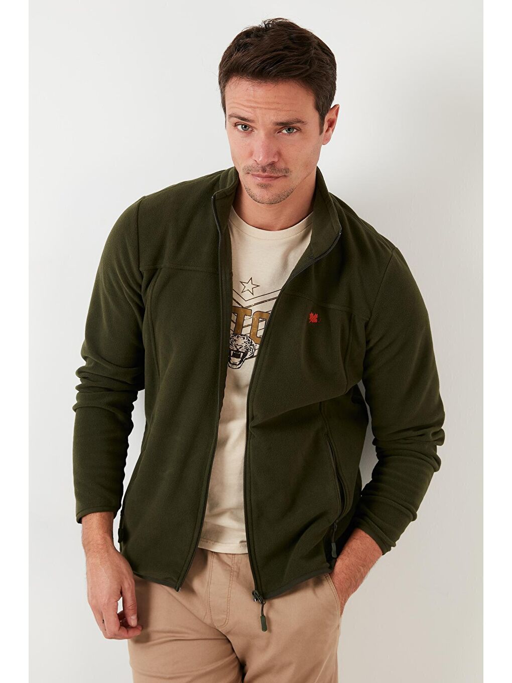 Haki Dik Yaka Cepli  Kışlık Şardonlu Polar Erkek Fermuarlı Sweatshirt Hırka 5906004-2