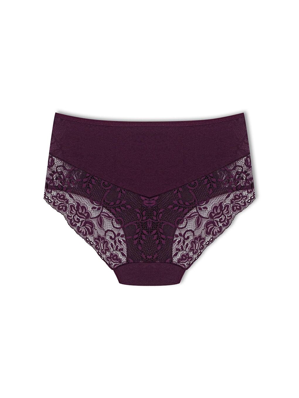 Mor Pamuklu Ön Yanlar ve Arka V Dantel Detay Yüksek Bel Büyük Beden Kadın Külot-1