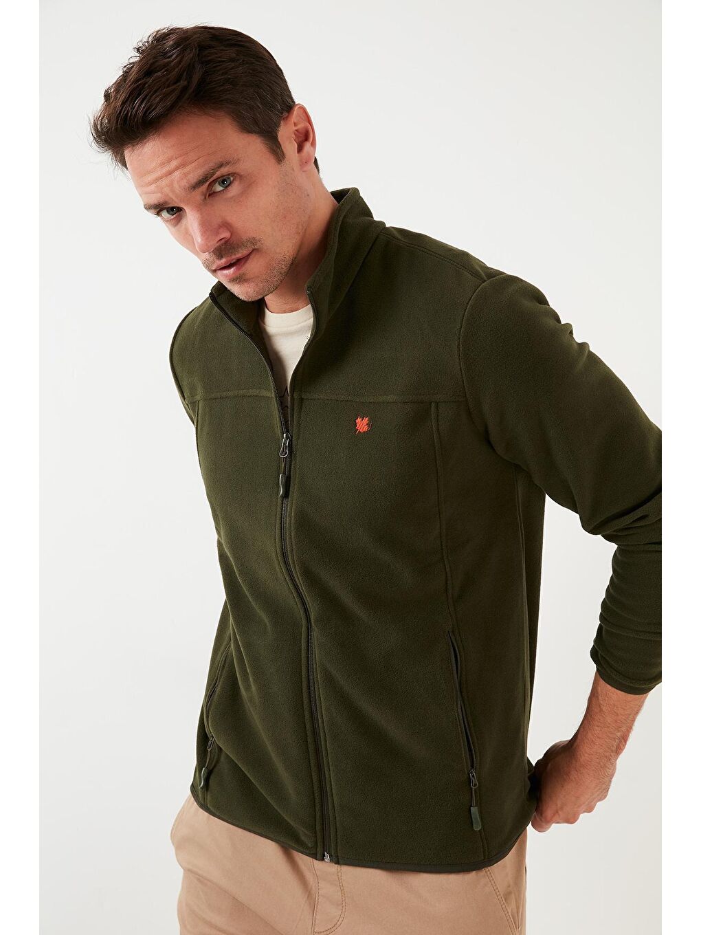 Haki Dik Yaka Cepli  Kışlık Şardonlu Polar Erkek Fermuarlı Sweatshirt Hırka 5906004-3