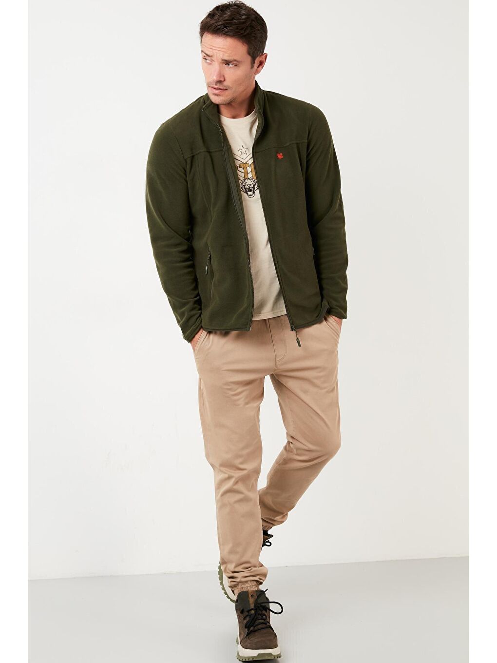 Haki Dik Yaka Cepli  Kışlık Şardonlu Polar Erkek Fermuarlı Sweatshirt Hırka 5906004-4