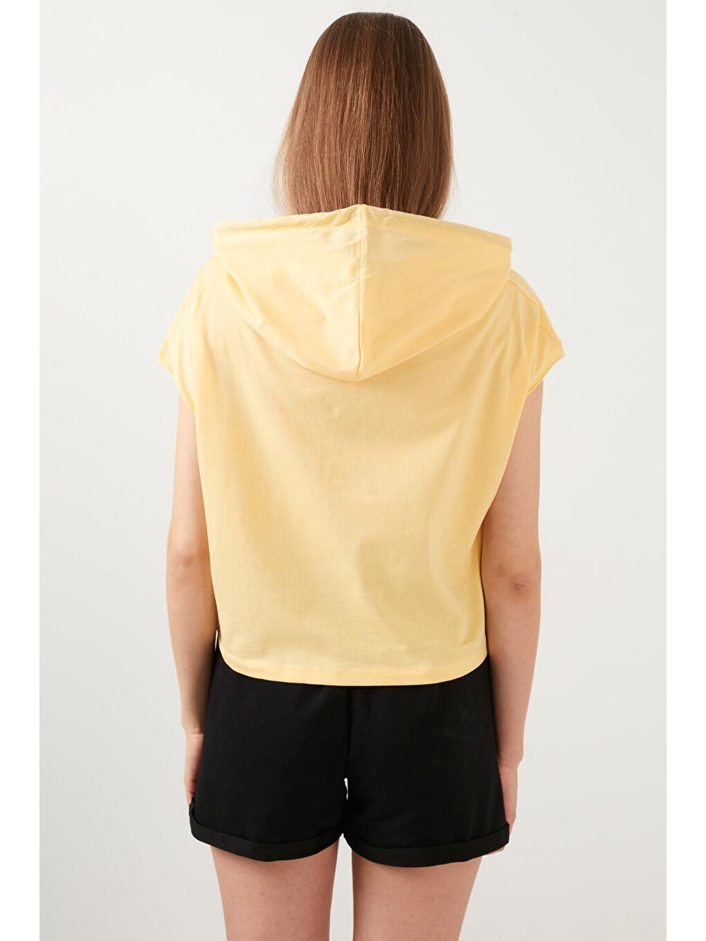 Sarı Yazı Baskılı Kapüşonlu % 100 Pamuk Tişört-3