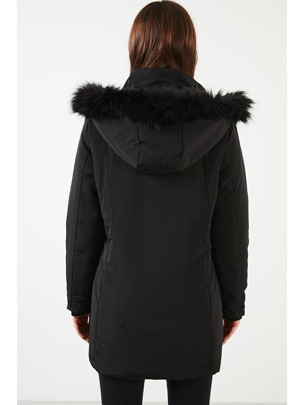 Siyah Slim Fit Suni Tüylü Çıkarılabilir Kapüşonlu Kaban 497DEFNE21-4