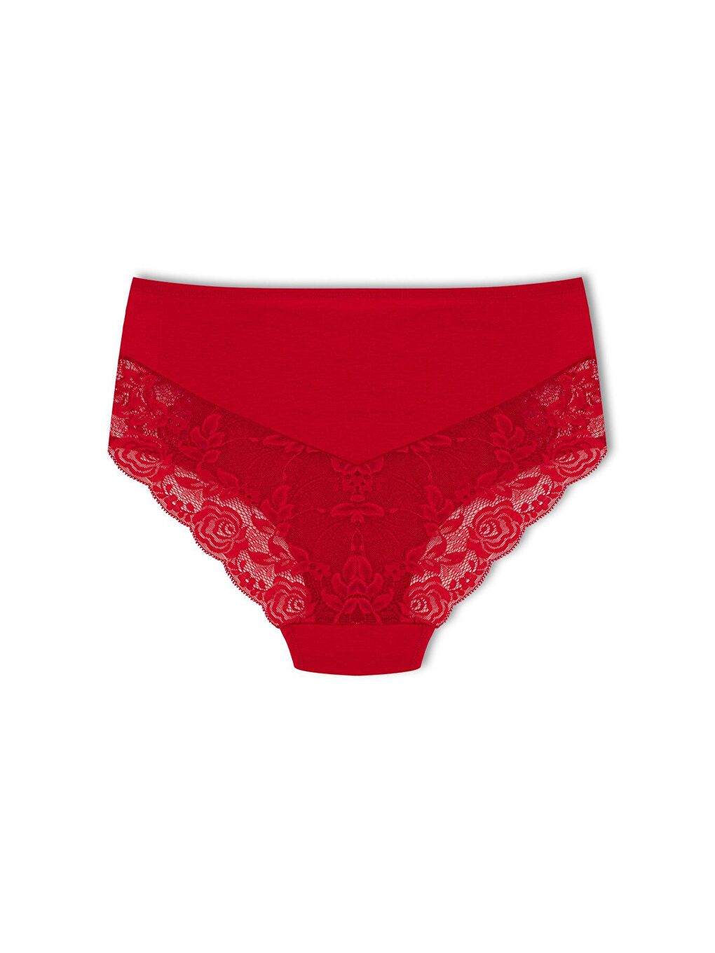 Kırmızı Pamuklu Ön Yanlar ve Arka V Dantel Detay Yüksek Bel Büyük Beden Kadın Külot-1