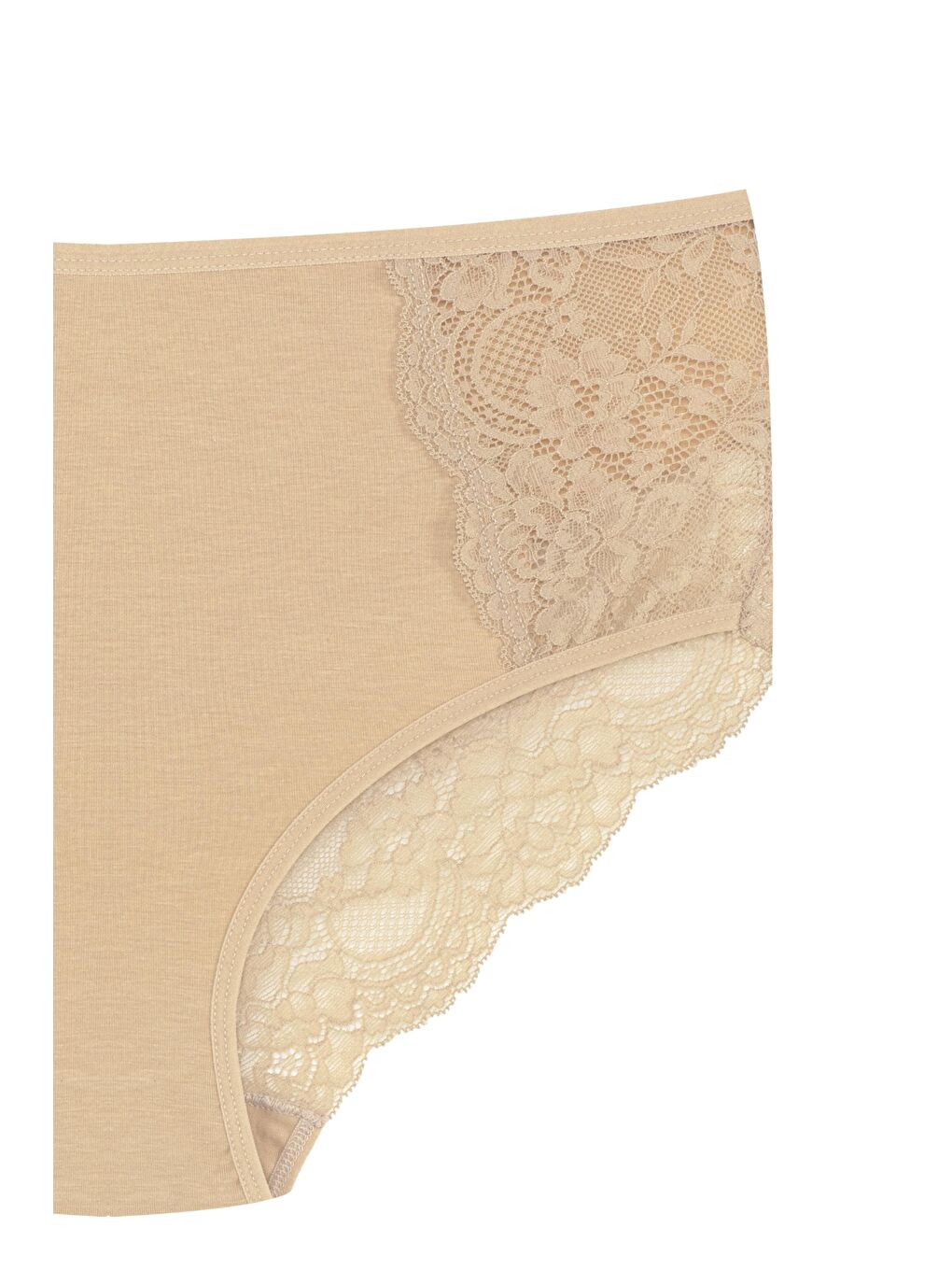 Bej Pamuklu Ön Yanlar ve Arka V Dantel Detay Yüksek Bel Büyük Beden Kadın Külot-2