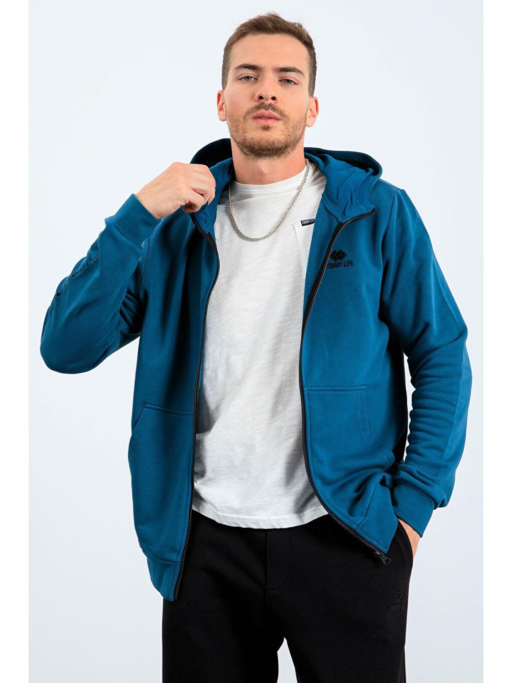 Yeşil Zümrüt Basic Kapüşonlu Rahat Form Nakış Detaylı  Erkek Fermuarlı Sweatshirt Hırka - 88035