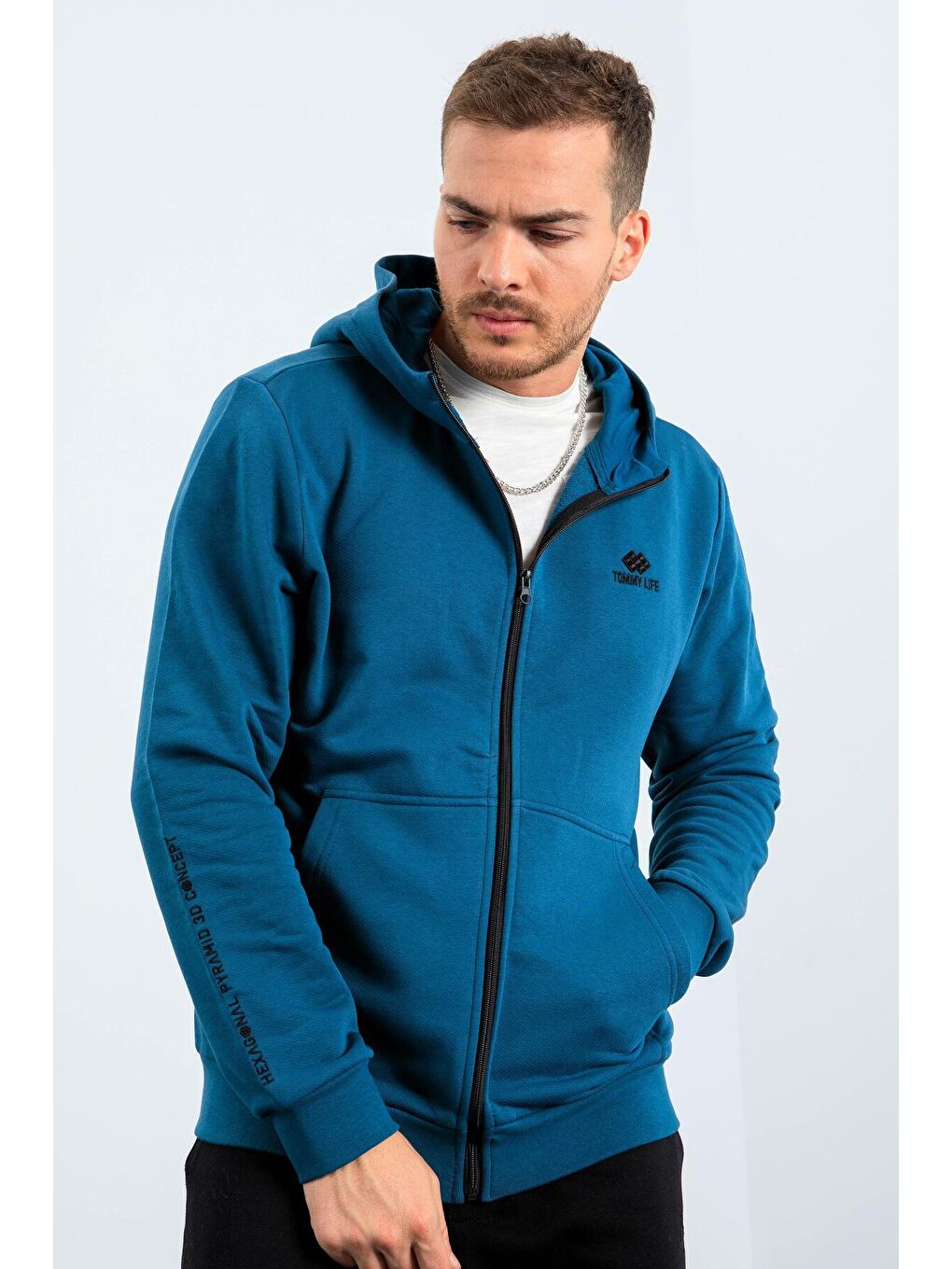Yeşil Zümrüt Basic Kapüşonlu Rahat Form Nakış Detaylı  Erkek Fermuarlı Sweatshirt Hırka - 88035-2