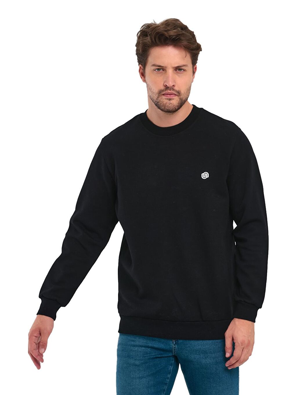 Siyah Doubleface Bisiklet Yaka Erkek Sweatshirt