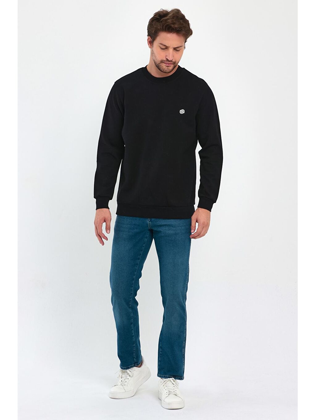 Siyah Doubleface Bisiklet Yaka Erkek Sweatshirt-1