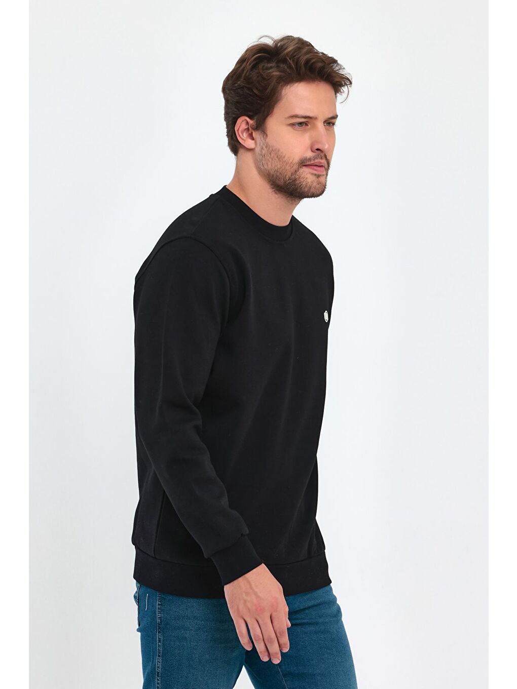 Siyah Doubleface Bisiklet Yaka Erkek Sweatshirt-2