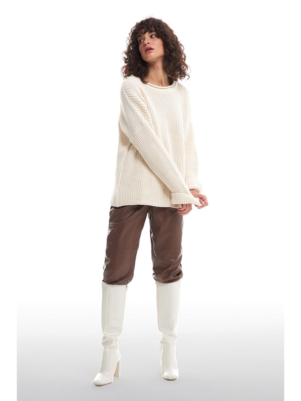 Bisiklet Yaka Örgü Kazak Ekru-2