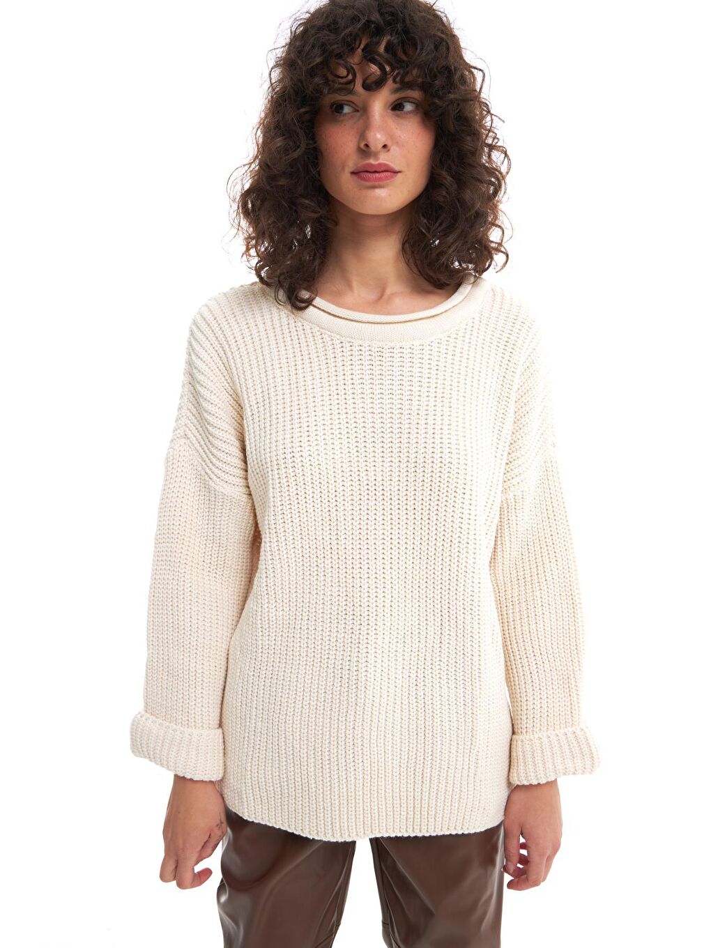 Bisiklet Yaka Örgü Kazak Ekru-3