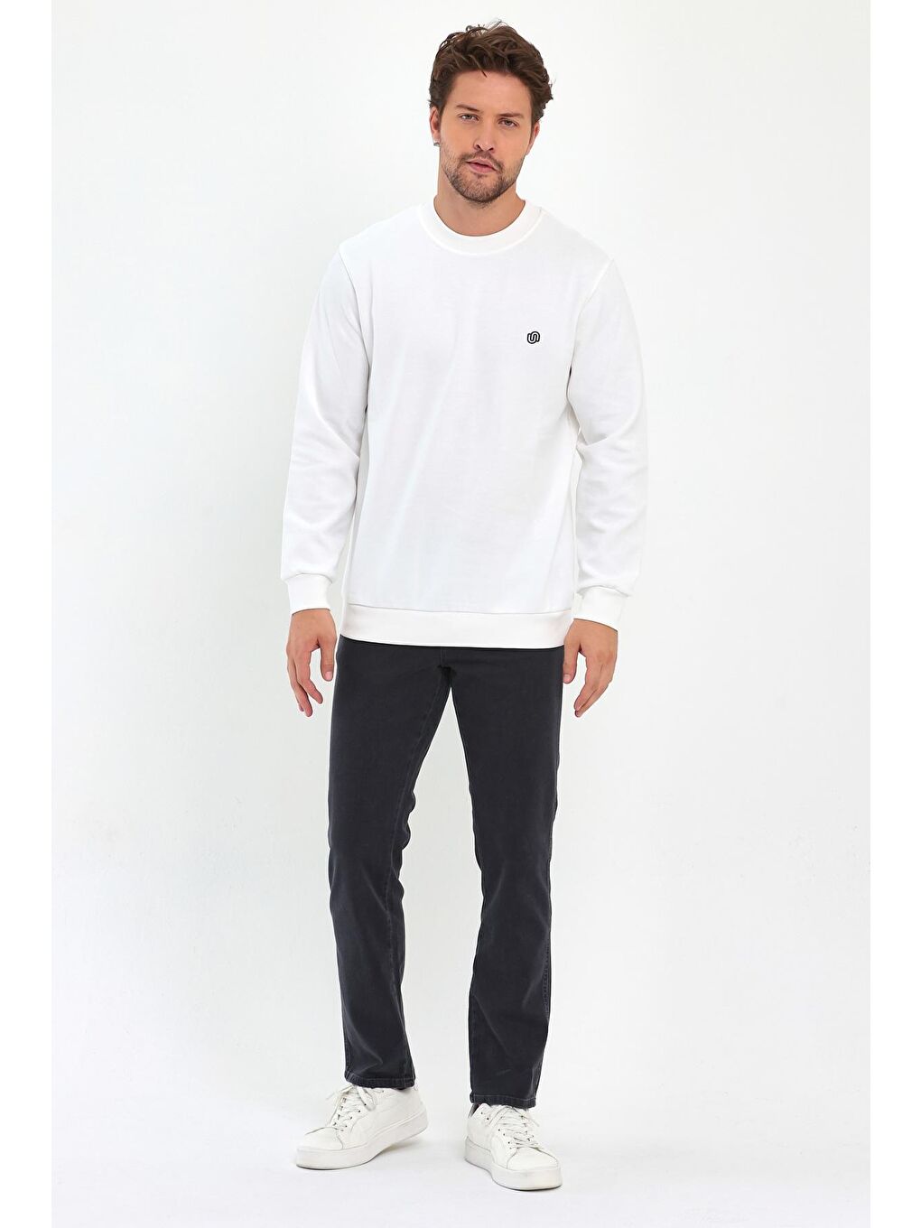 Ekru Doubleface Bisiklet Yaka Erkek Sweatshirt-1